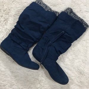 Navy Blue Faux Suede w Wool Edge Boots